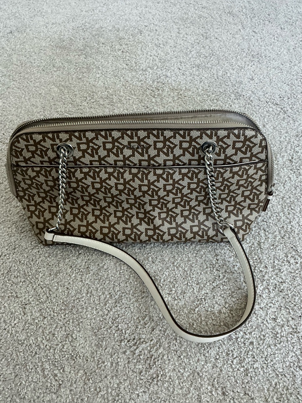 DKNY  Brown Monogram Chain-Handle Shoulder Bag